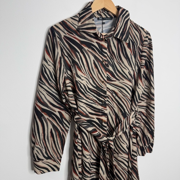 NWT Zara Zebra‎ Print Button Down Shirt Midi Dress Tan/Black/Brown Size Medium - Picture 3 of 13